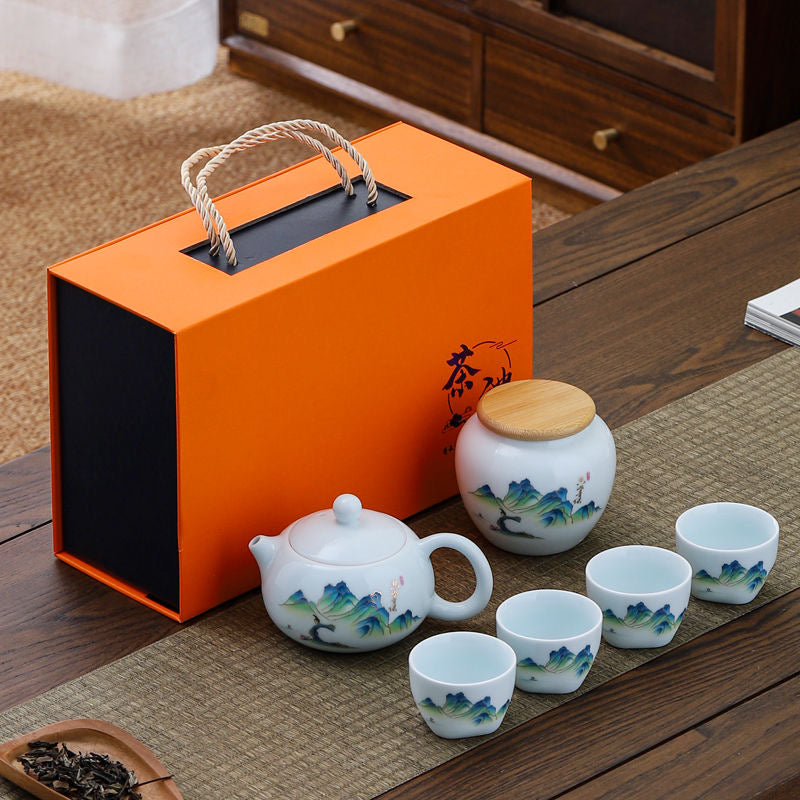 Juego de Té Chino de Porcelana con Motivos Artísticos