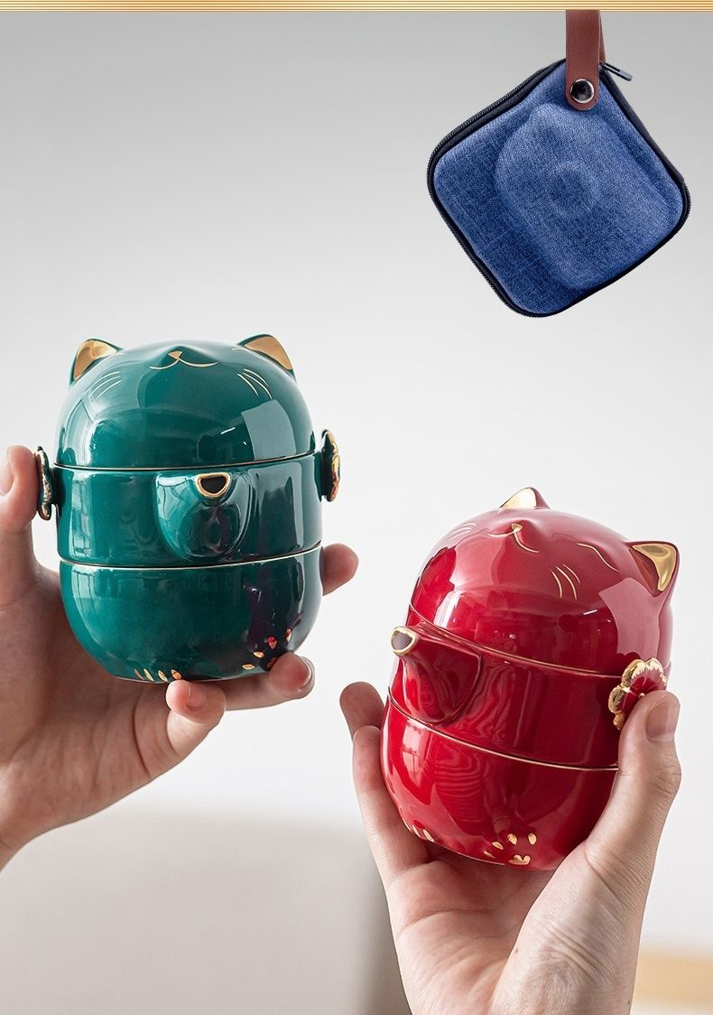 Set de Té Portátil "Gato de la Suerte" con Estuche - Diseño Desmontable