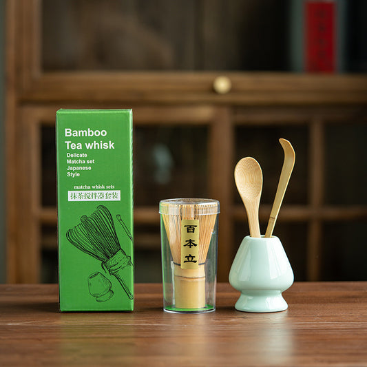 Juego de Herramientas de Té Matcha de Bambú - Batidor, Soporte Cerámico, Cucharón y Cuchara