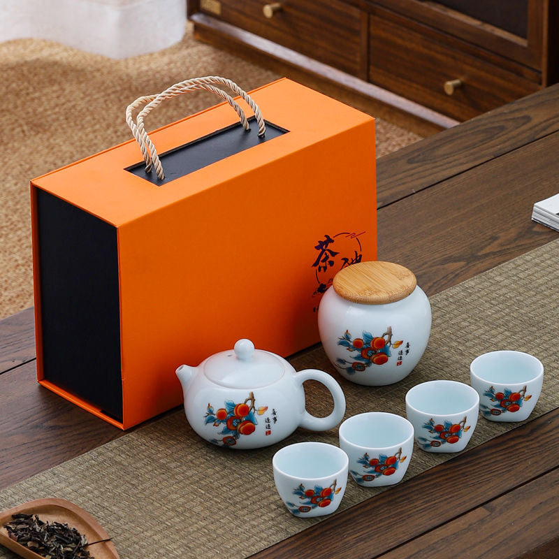 Juego de Té Chino de Porcelana con Motivos Artísticos