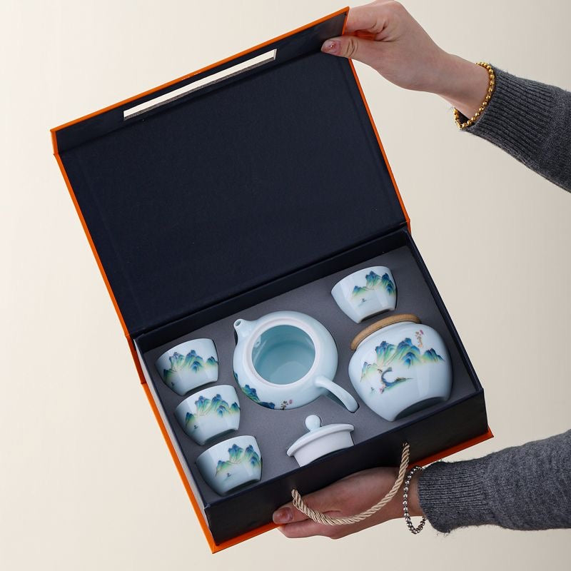 Juego de Té Chino de Porcelana con Motivos Artísticos