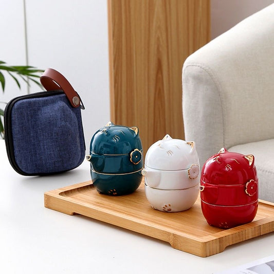 Set de Té Portátil "Gato de la Suerte" con Estuche - Diseño Desmontable