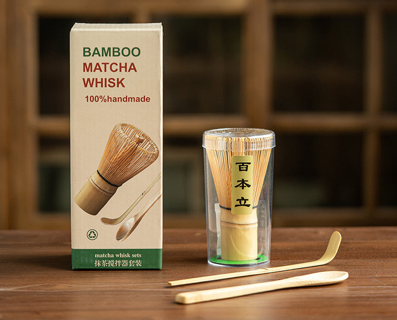 Juego de Herramientas de Té Matcha de Bambú - Batidor, Soporte Cerámico, Cucharón y Cuchara