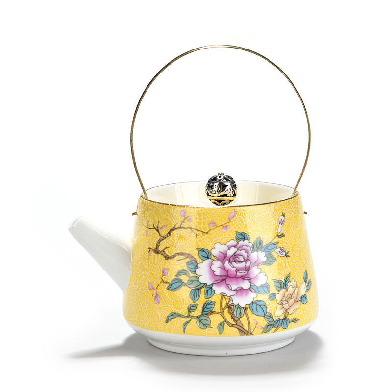Tetera de Porcelana con Flores y Asa Dorada