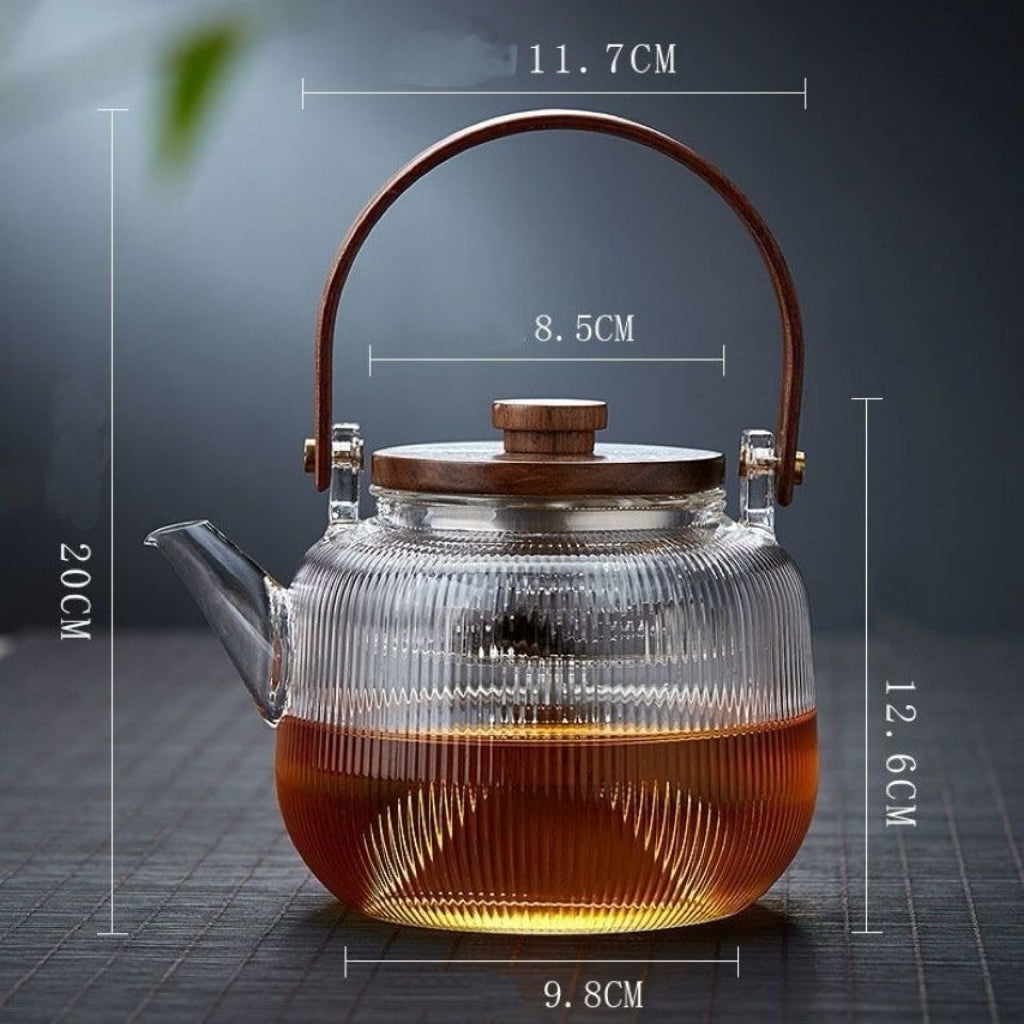 Tetera de Vidrio con Asa de Madera - Estilos Estriado y Liso