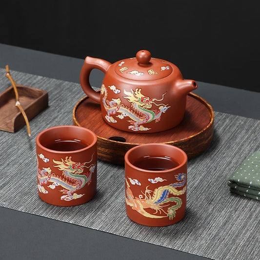 Juego de Té de Arcilla Yixing con Motivos de Dragón